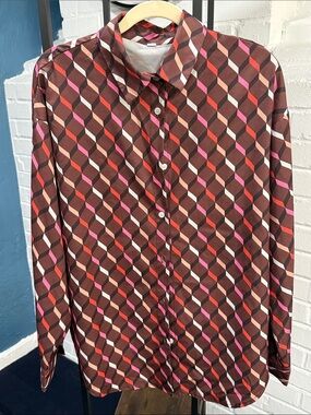 Women’s Brown Geometric Print Button-Up Shirt - Pink & Red Accents